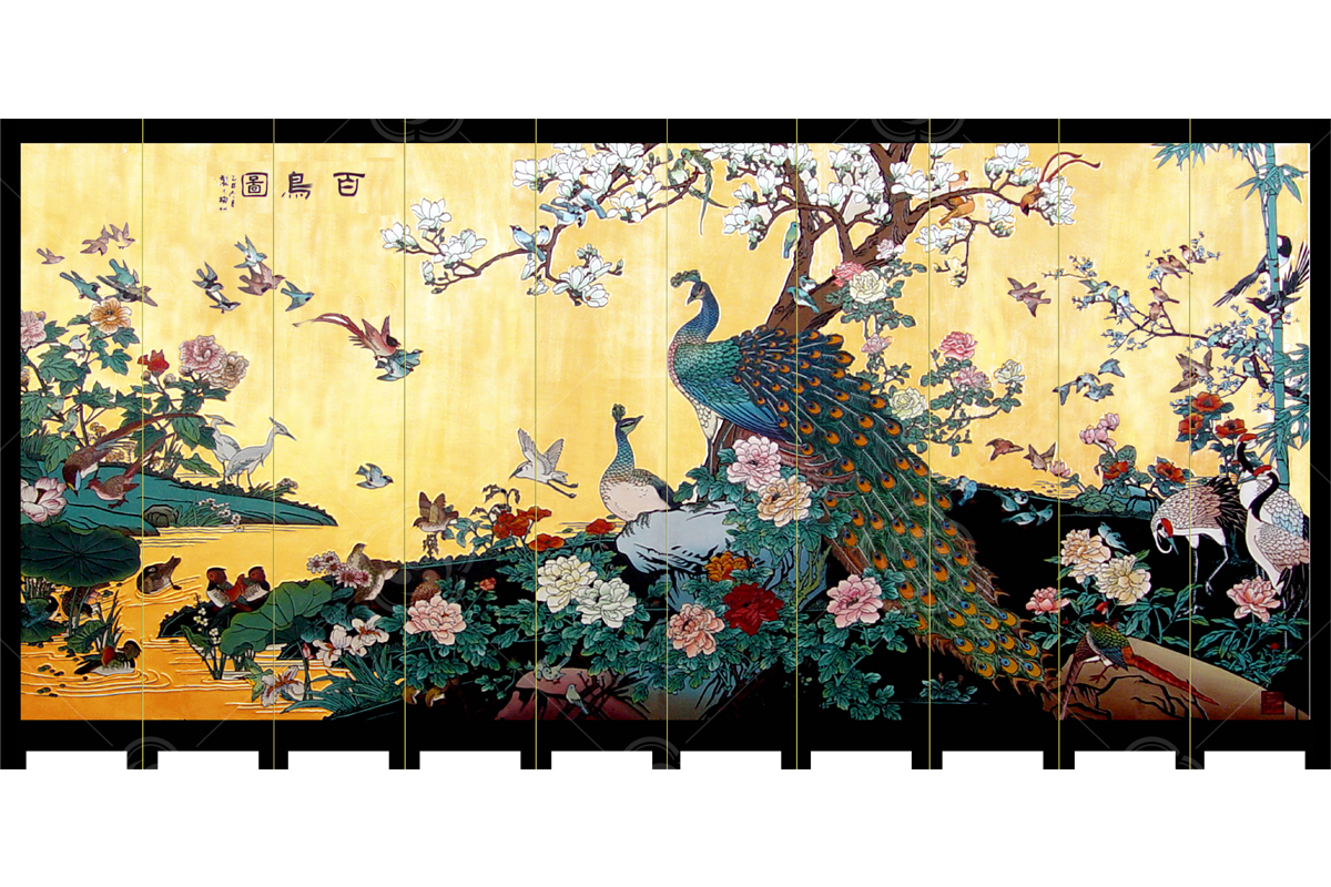 刻漆壁畫《花鳥屏風》